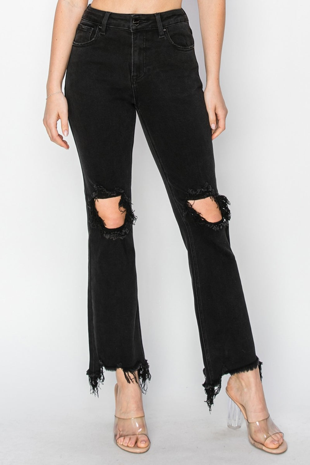 RISEN Full Size Distressed Raw Hem Flare Jeans with Pockets