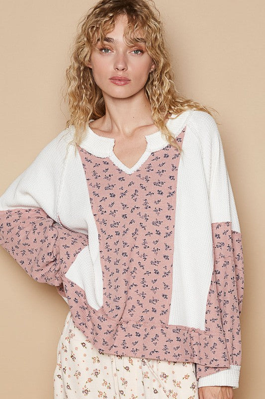 Waffle Knit Floral Notched Long Sleeve Top