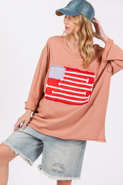 Full Size American Flag Patch Drop Shoulder T-Shirt