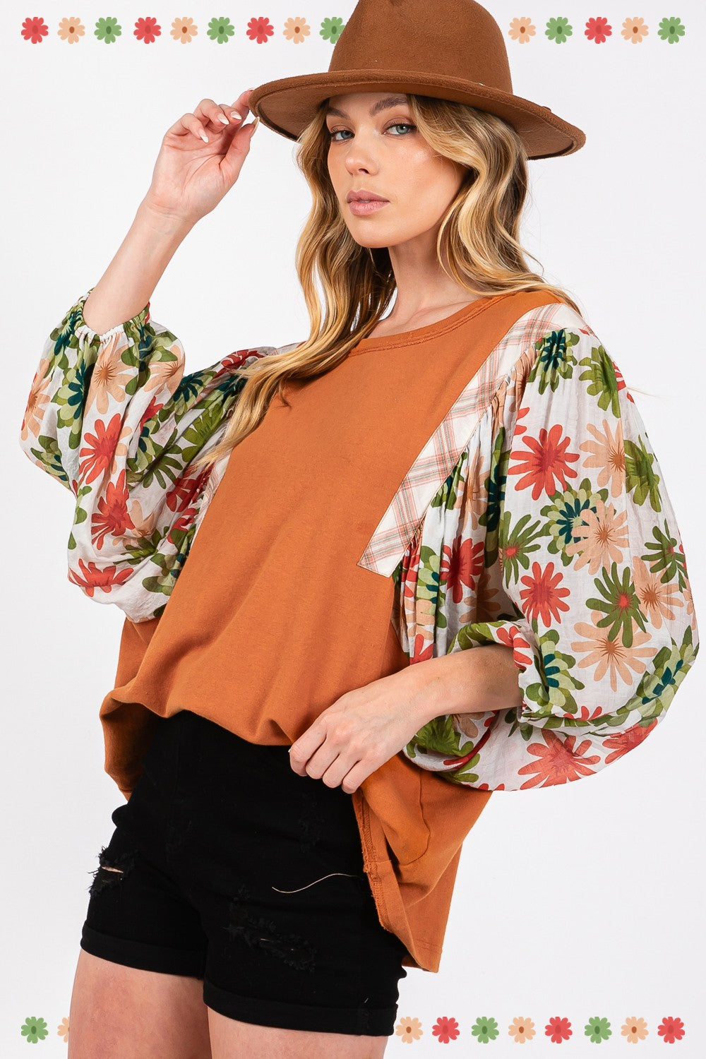 Full Size Printed Balloon Sleeve Contrast Top