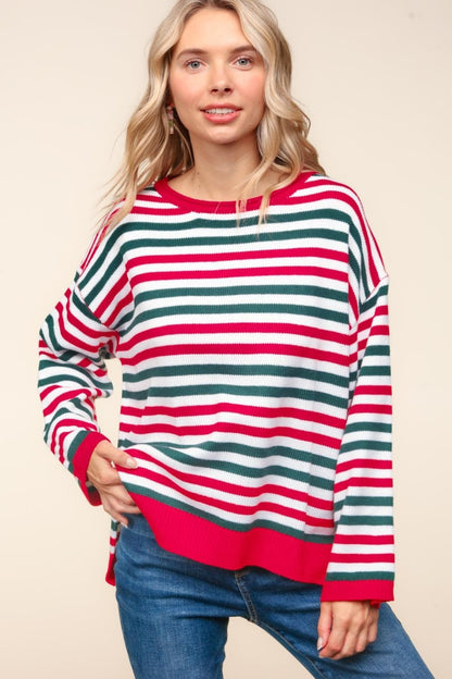 Full Size Striped Contrast Side Slit Knit Top