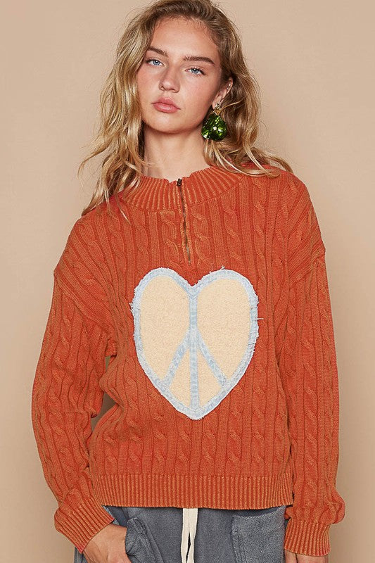 Cable-Knit Peace Patch Dropped Shoulder Sweater