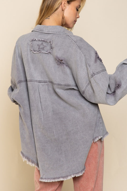 Button Down Raw Hem Distressed Shacket