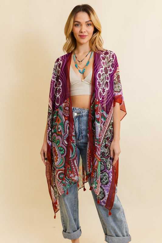 Paisley Print Open Front Kimono w/ Cinched Arms