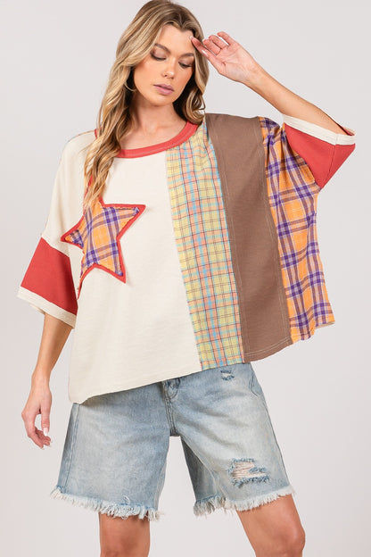 Round Neck Plaid Star Patch T-Shirt