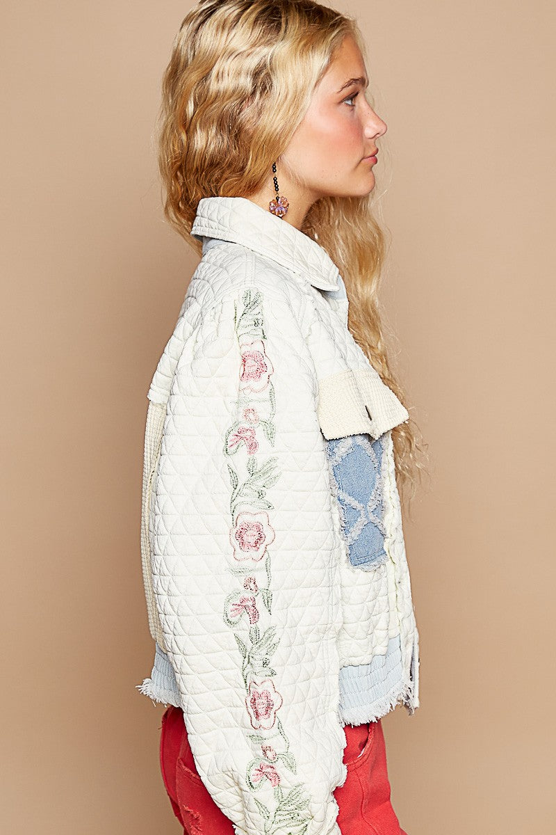 Embroidered Sleeve Raw Edge Quilted Jacket