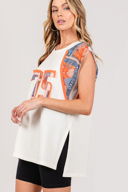 Patch Print Side Slit Sleeveless Top