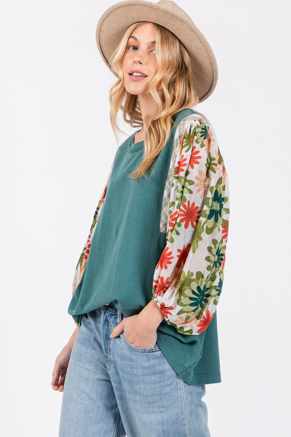 Full Size Printed Balloon Sleeve Contrast Top