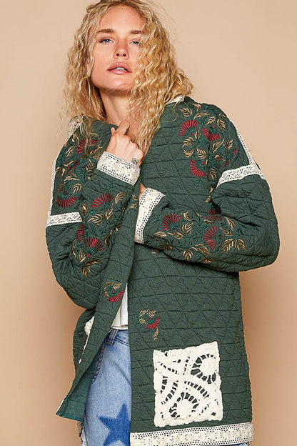 Embroidered Open Front Quilted Jacket with Crochet Pockets