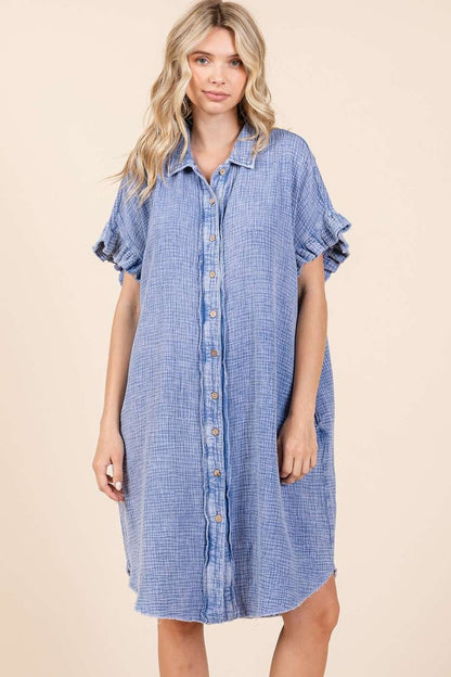 Mineral Wash Cotton Gauze Mini Shirt Dress