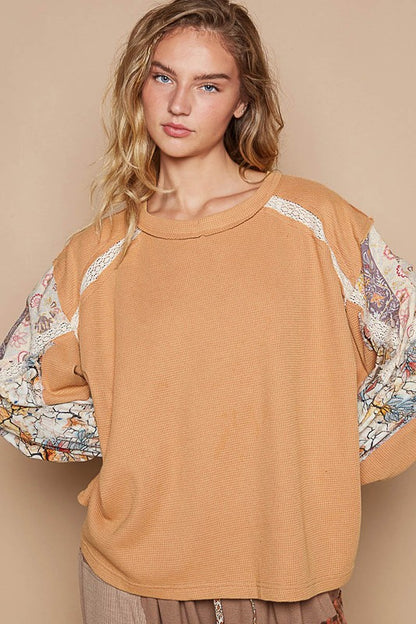 Waffle-Knit Lace Detail Round Neck Top