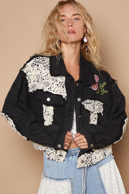 Crochet Patch Embroidered Button Up Jacket