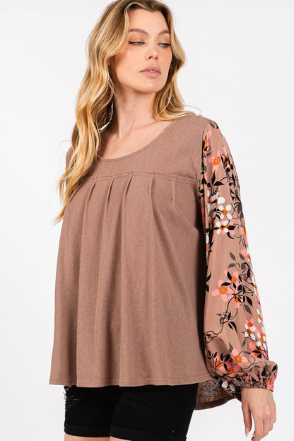 Floral Long Sleeve Front Pleated Detail Blouse Knit Top