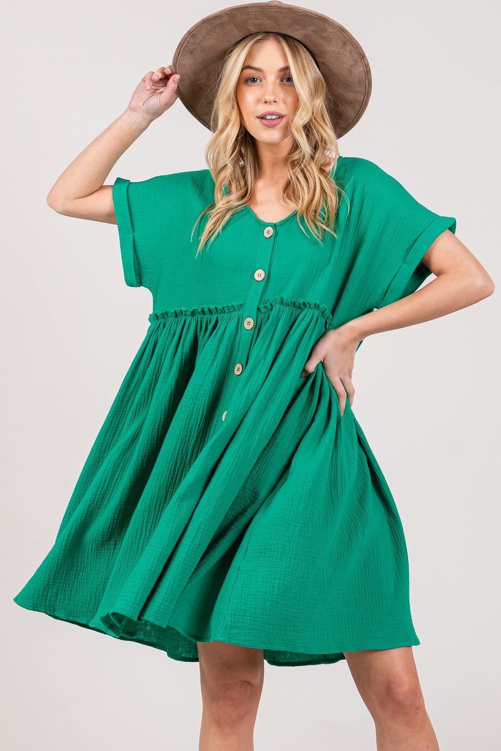 Full Size Button Up Short Sleeve Dress