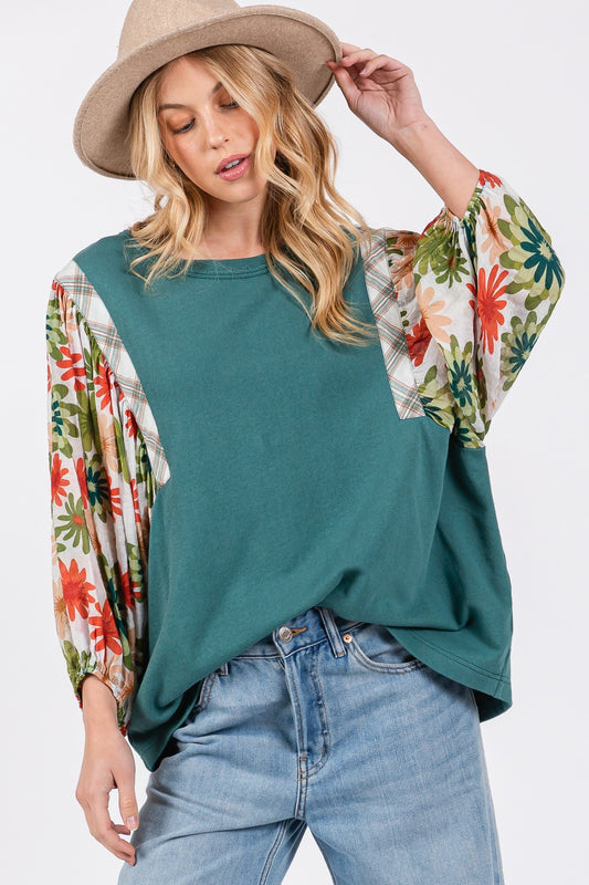 Full Size Printed Balloon Sleeve Contrast Top