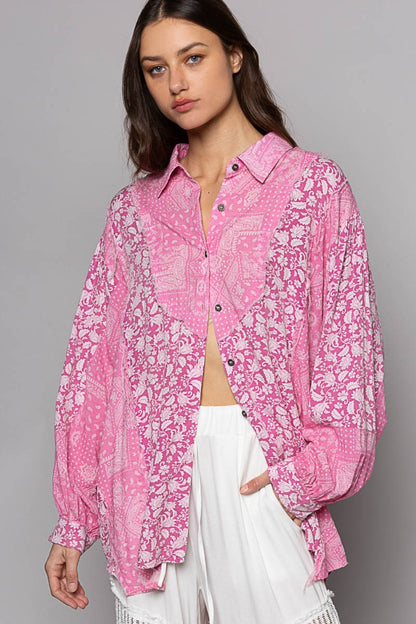 Button Down Long Sleeve Paisley Print Shirt