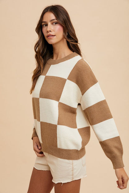 Checkered Round Neck Dropped Shoulder Sweater