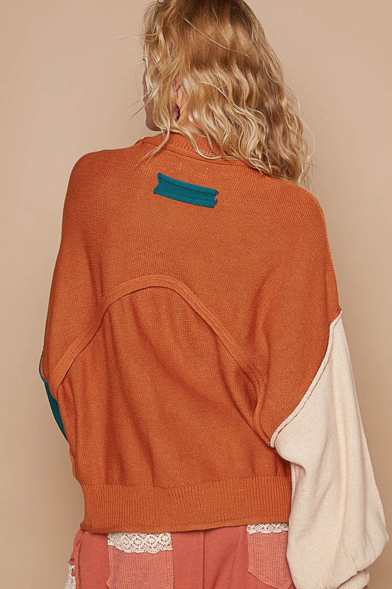 Color Block Roll Hem Hacci Sweater