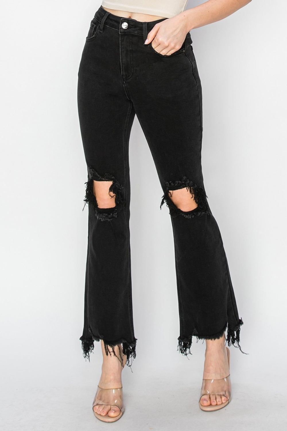 RISEN Full Size Distressed Raw Hem Flare Jeans with Pockets