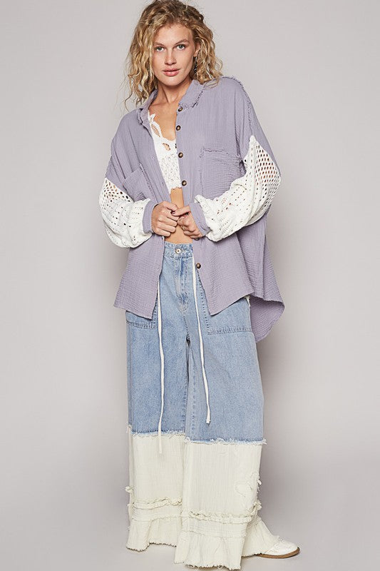 Openwork Lantern Sleeve Button Down Gauze Shirt