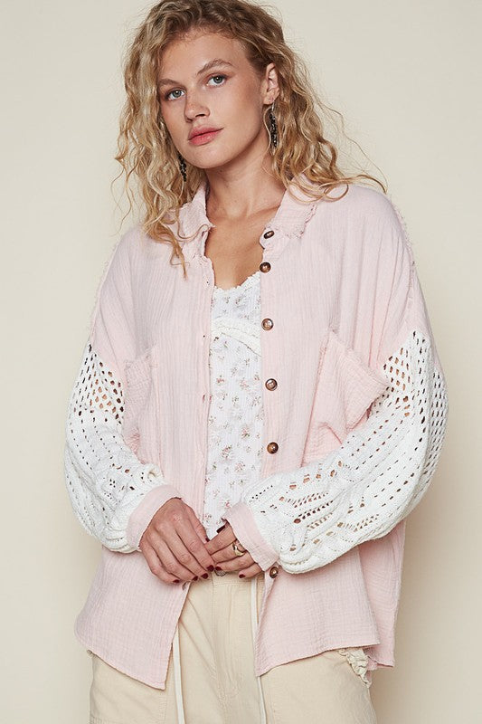 Openwork Lantern Sleeve Button Down Gauze Shirt