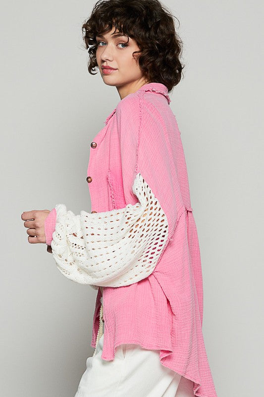 Openwork Lantern Sleeve Button Down Gauze Shirt