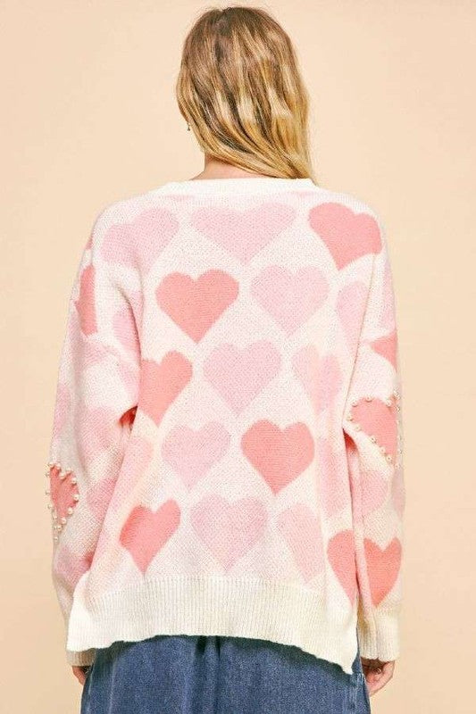 Heart Pearl Side Slit V Neck Sweater