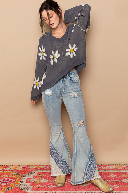 Floral Pattern Hooded High-Low Sweater