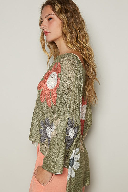 Flower Dropped Shoulder Long Sleeve Knit Top