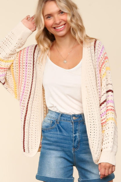 Full Size Striped Crochet Open Front Cardigan