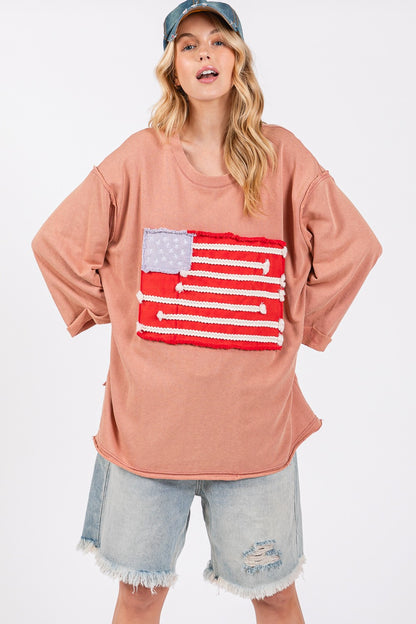 Full Size American Flag Patch Drop Shoulder T-Shirt