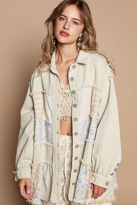 Raw Hem Patchwork Dropped Shoulder Jacket