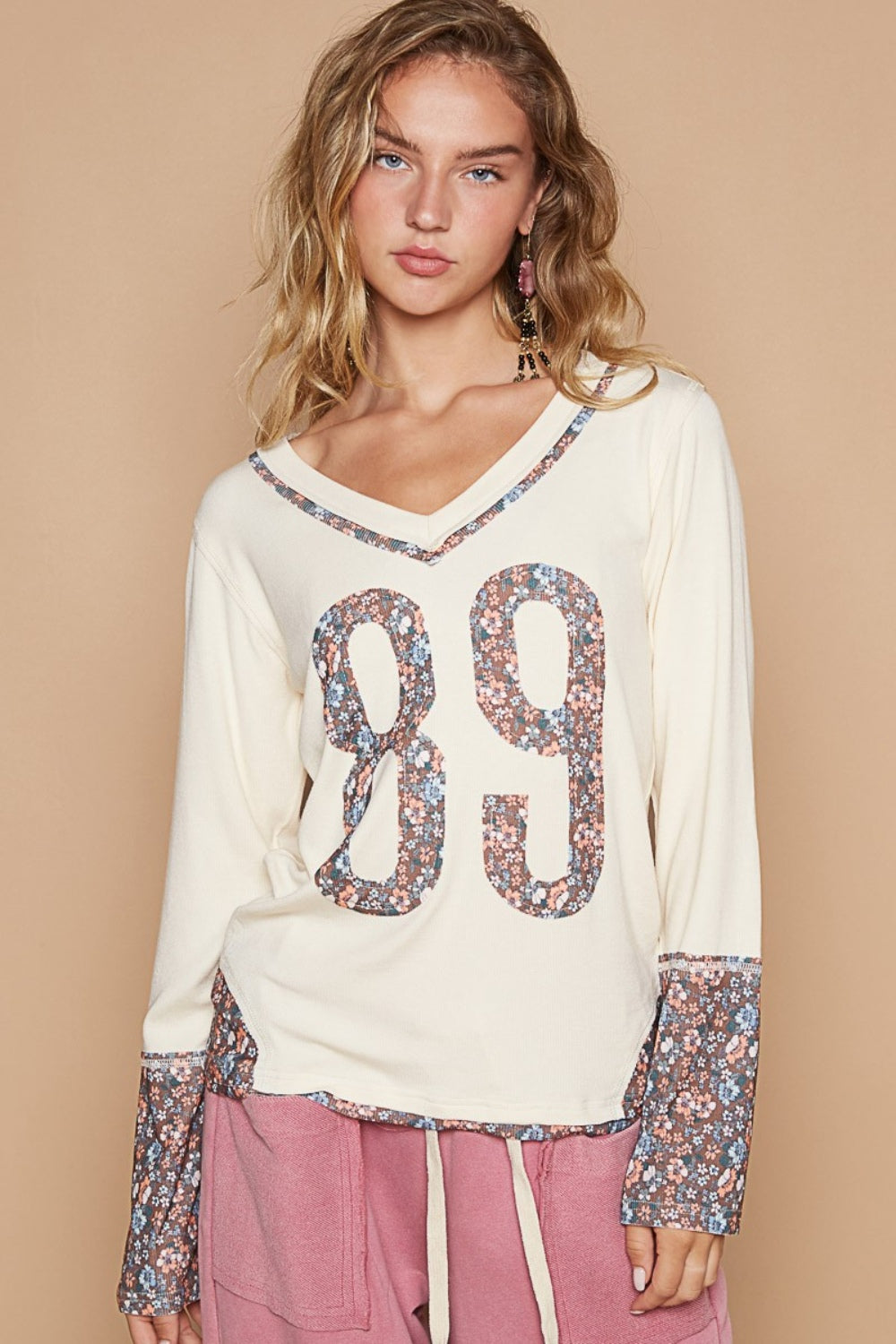 V-Neck Long Sleeve Floral Number Patch T-Shirt