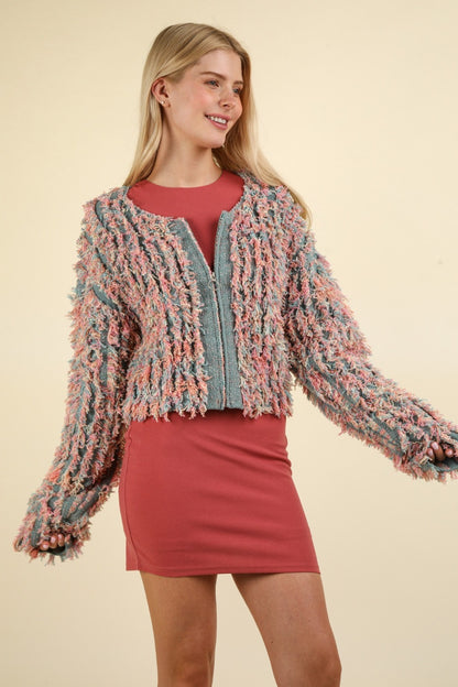 Shaggy Yarn Knit Zip Up Jacket