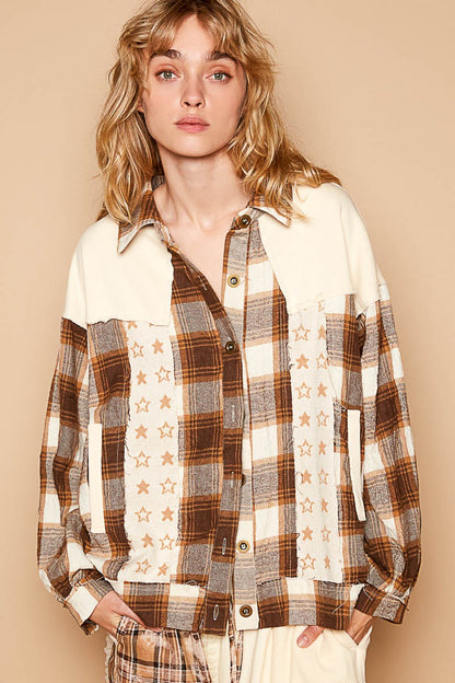 Plaid & Star Patchwork Contrast Long Sleeve Shacket