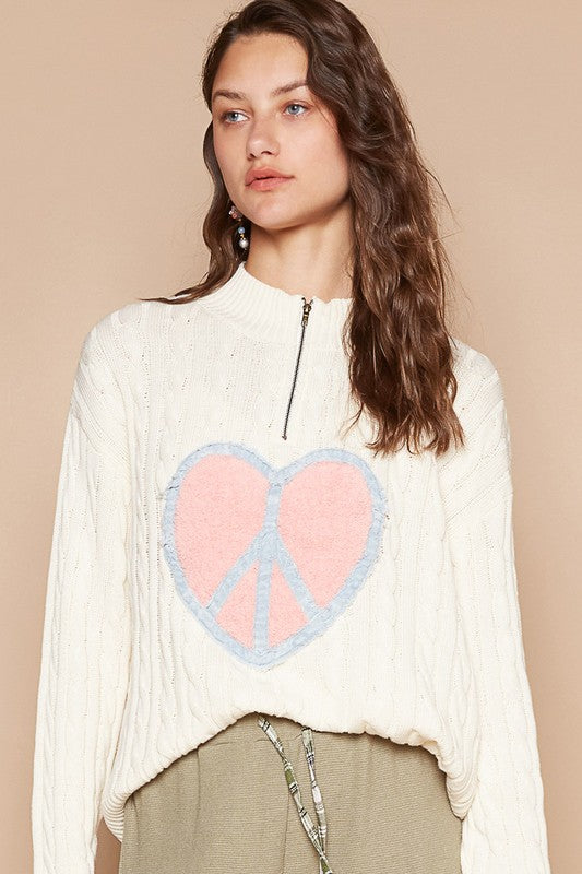 Cable-Knit Peace Patch Dropped Shoulder Sweater