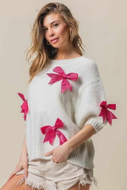 Sequin Bow Puff Sleeve Sweater