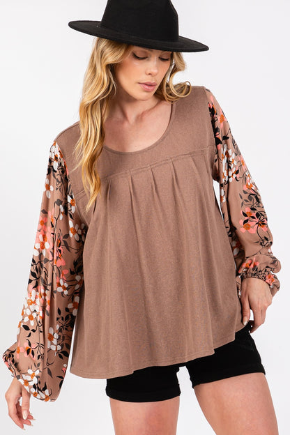 Floral Long Sleeve Front Pleated Detail Blouse Knit Top