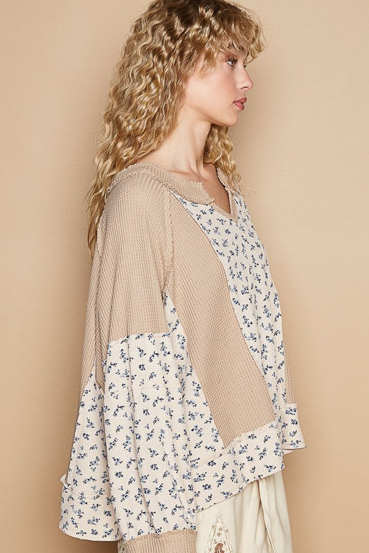 Waffle Knit Floral Notched Long Sleeve Top