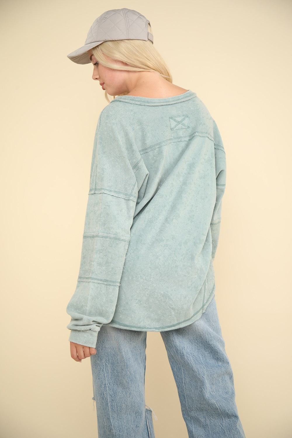 Washed V-Neck Exposed Seam Knit Top