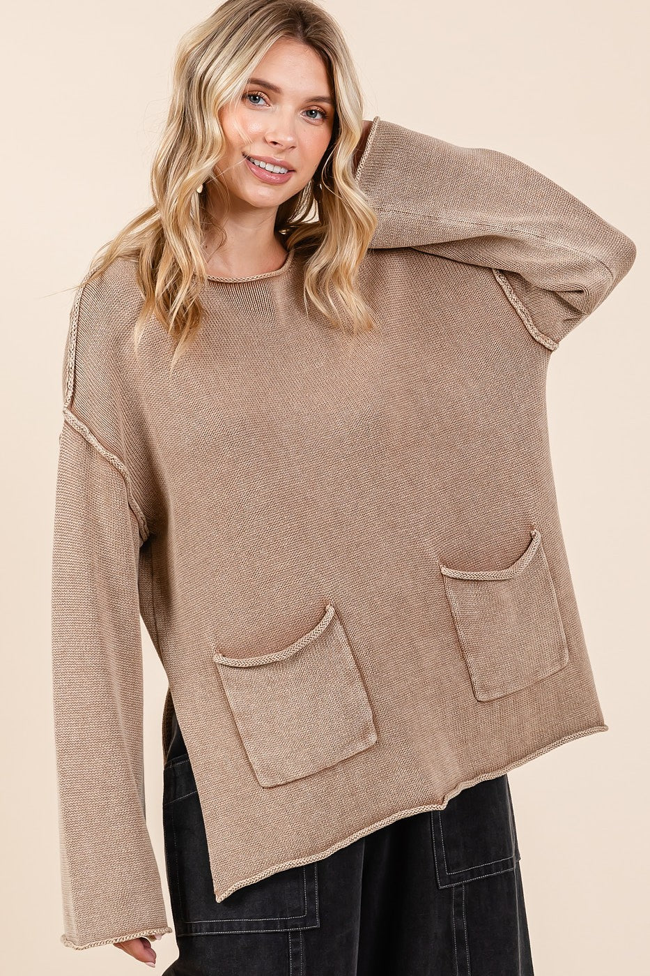 Mineral Wash Patch Pocket Cut Edge Sweater