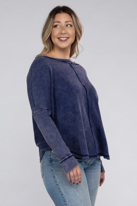 Plus Washed Baby Waffle Oversized Long Sleeve Top