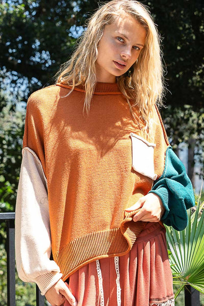 Color Block Roll Hem Hacci Sweater