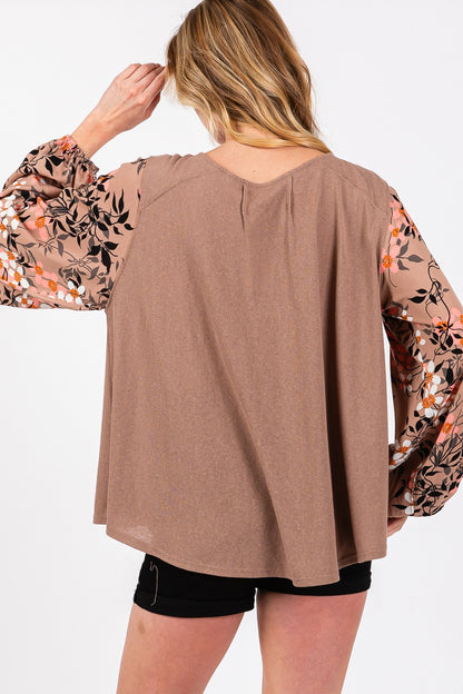 Floral Long Sleeve Front Pleated Detail Blouse Knit Top