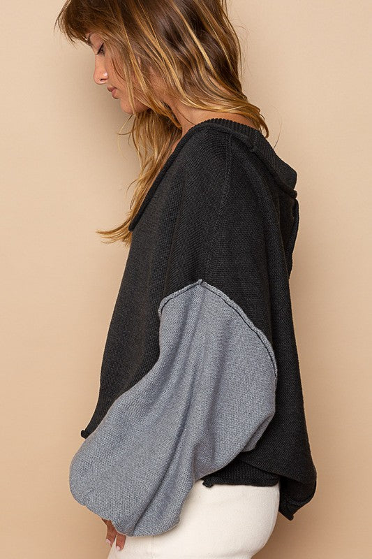 Exposed Seam Roll Edge Color Block V Neck Sweater