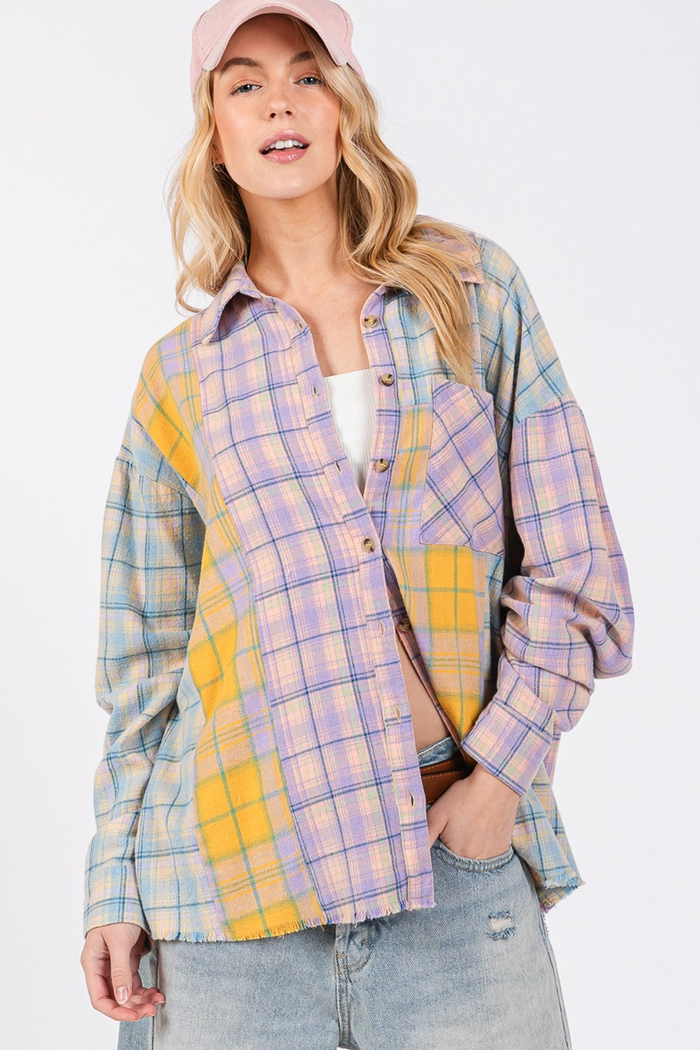 Button Up Raw Hem  Plaid Flannel Shirt