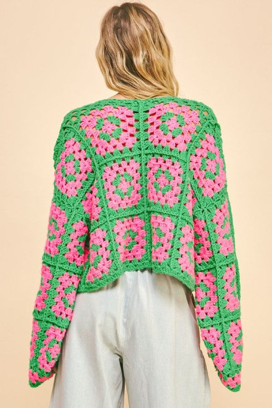 Full Size Two Tone Flower Square Crochet Open Front Cardigan