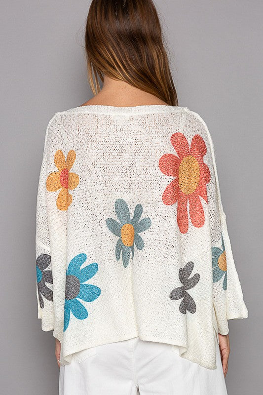 Flower Dropped Shoulder Long Sleeve Knit Top