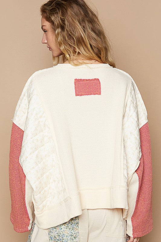 Waffle-Knit Contrast Notched Long Sleeve Knit Top