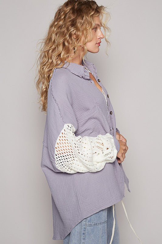 Openwork Lantern Sleeve Button Down Gauze Shirt